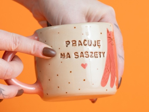 44. PRACUJĘ NA SASZETY - w różowe koty + brązowe kropeczki