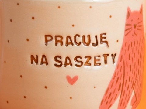 43. PRACUJĘ NA SASZETY - w różowe koty + brązowe kropeczki